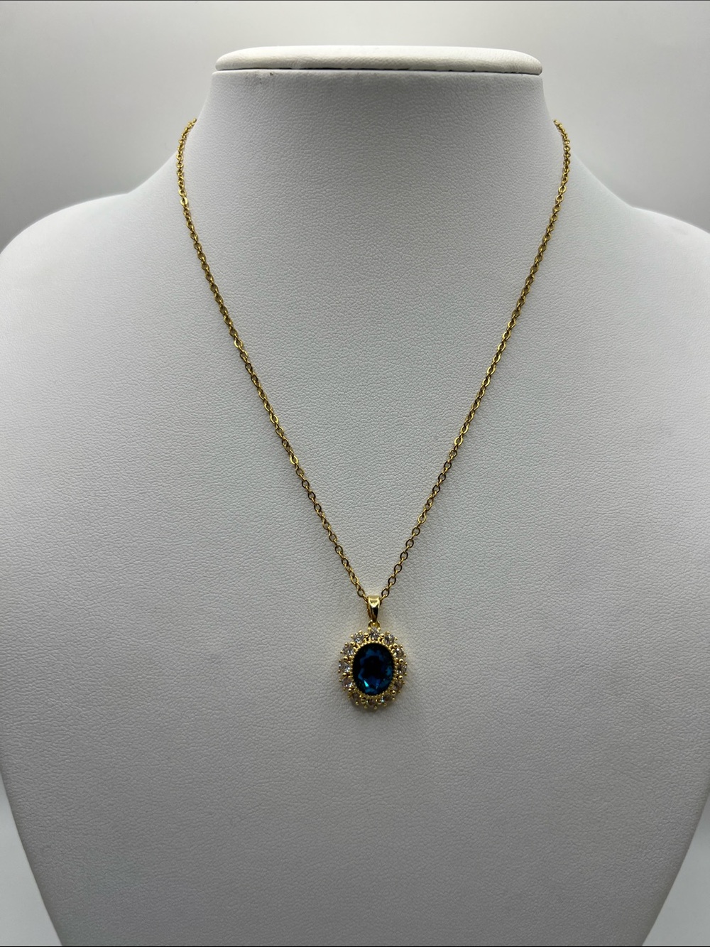 750. Gold Pendant Necklace with Blue Center Stone 16” - 18”